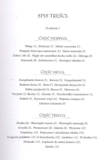 Spis treści ksiązki prowadzenie do Bushido autorstwa Daidoji Yuzan Shigesuke